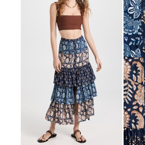 Figue | Antoinette Midi Skirt Silk Mixed Print Batik Tiered Button Front Size 6 - Picture 13 of 13